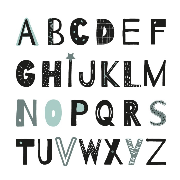 Geboortebord typografisch jongen alfabet